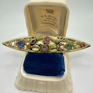 Neiger Brothers antique gold plated multicolor Czech glass rhinestones brooch